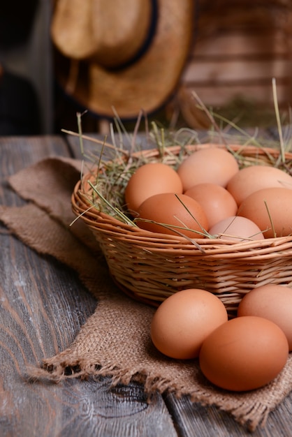 Eggs in wicker basket on table close-up