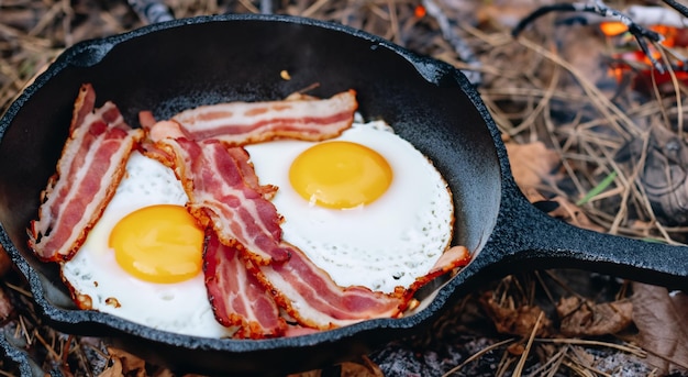 eggs with bacon cooking with oil with firewood in the open air on a walk in the open air in high resolution and sharpness