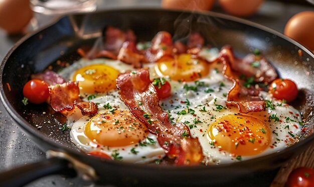 eggs with bacon frying in a pan close up
