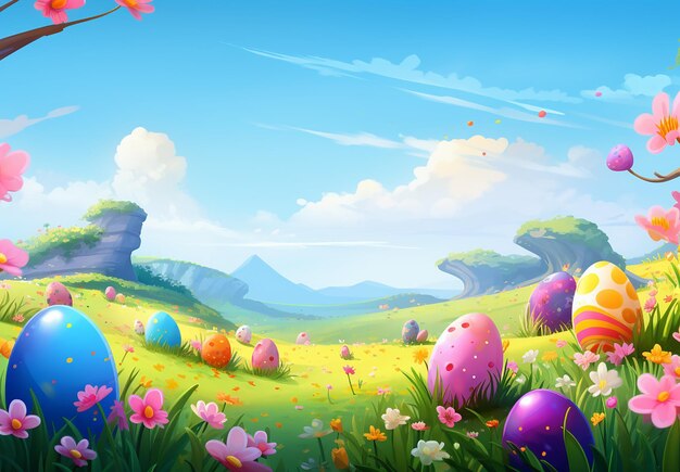 Eggs With Daisies In Grass With Rainbow Color Sky
