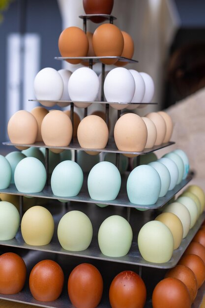 Фото Яйца с различными цветами оболочек, размещенные на витрине