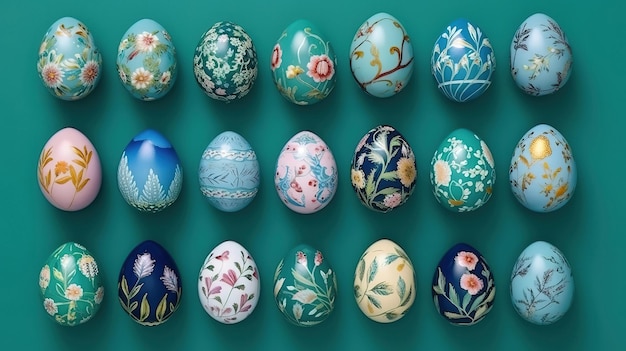 Eggs with Floral Patterns Green and Blue Easter Generative ai