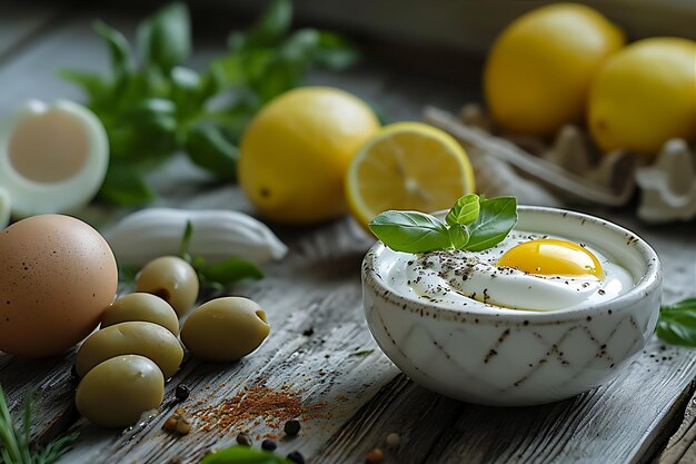 Eggs with Seasoning Olives and Yogurt in a Scene