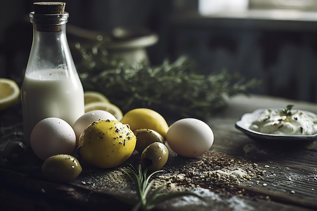 Eggs with Seasoning Olives and Yogurt in a Scene