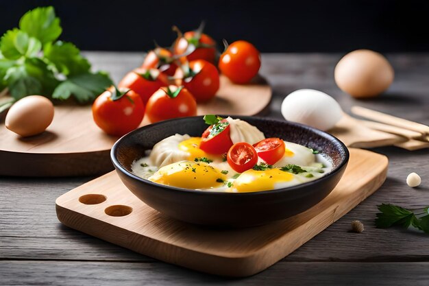 Eggs with tomatoes on a cutting board