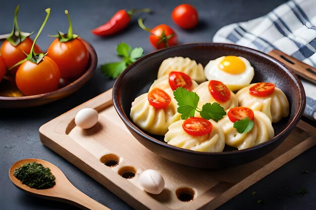 Eggs with tomatoes and eggs on a cutting board