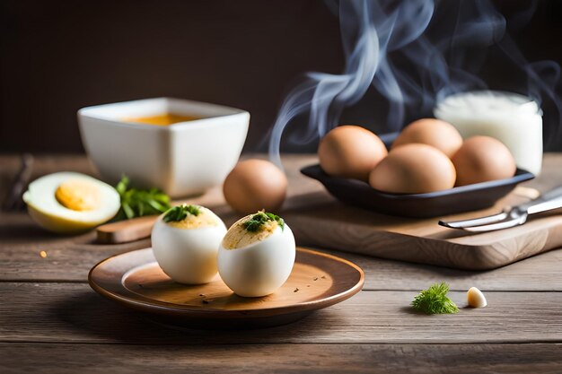 Eggs on a wooden table with a pan of eggs with a smoke behind them