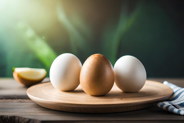 Eggs on a wooden tray with a green background