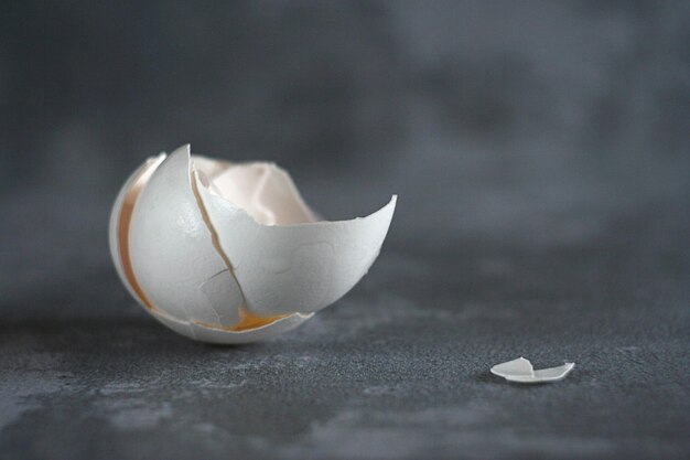 An eggshell lies on a gray concrete table Copy space Zero waste concept