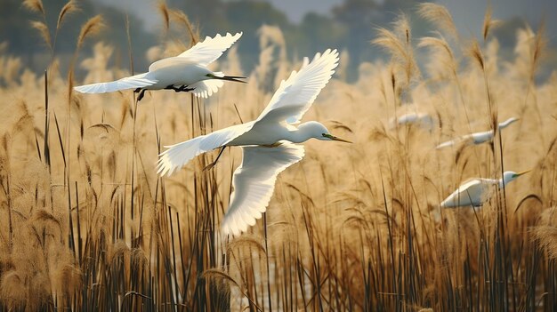 Egret Elegance Graceful Flight Amidst Bright Yellow Reeds