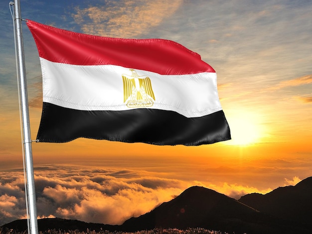 Egypt Waving flag against sunset beautiful evening scenery 3d illustration