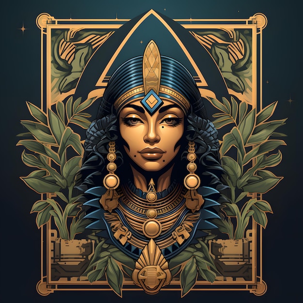Egypte Cleopatra in een sierlijke lijst met bladeren in de stijl van hyperrealistische dierenillustraties