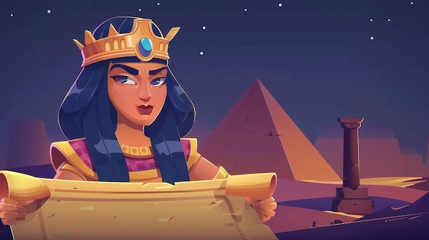 クレオパトラとエジプトのバナー夜の砂漠の背景に古代エジプト女王の現代的なイラスト金の王冠女性ファラオそして巻き上げられたヴィンテージペルガメント