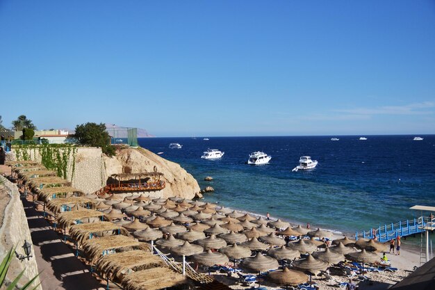 Egyptian coast with vacationers in summer