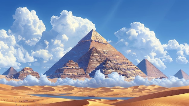 Photo the egyptian desert with river and pyramids modern cartoon illustration of landscape with yellow sand dunes blue nile water ancient tombs of egypt39s pharaohs hot sun and clouds overhead