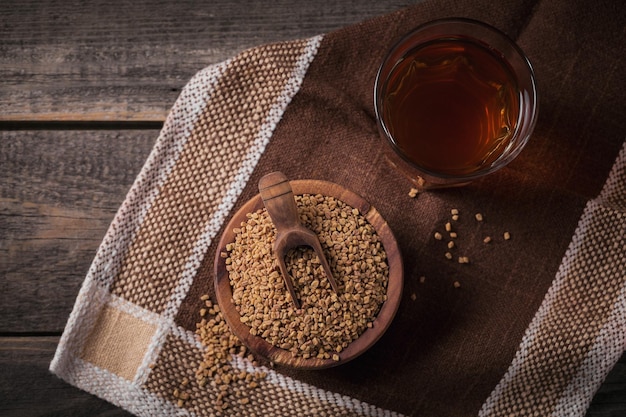 Egyptian fenugreek yellow tea or Methi Dana drink and fenugreek seeds