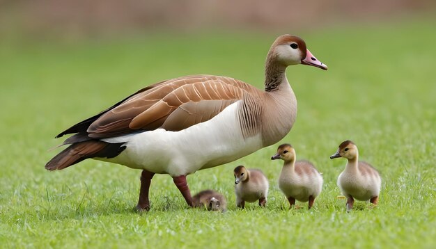 Photo egyptian goose alopochen aegyptiacusand babies walking on the grass near the water