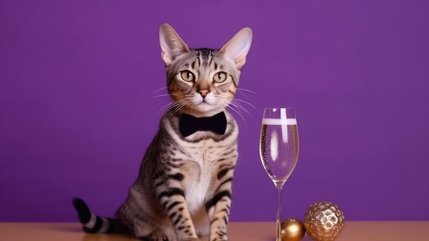 Egyptian mau cat like a human in a tuxedo holding a champagne glass on purple background generative ai