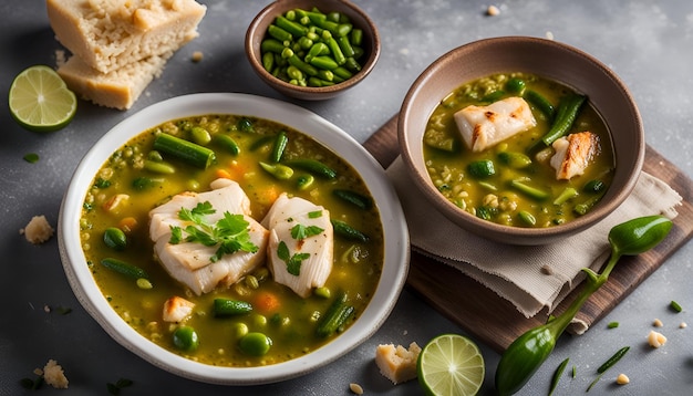 Photo egyptian molokhia soup with chicken breast slices okra and rice with marble background
