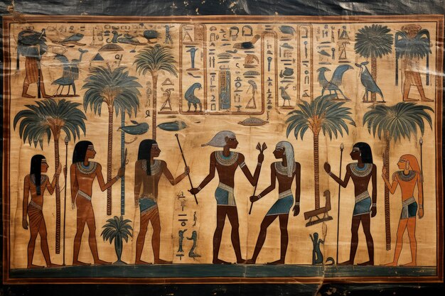 Egyptian papyrus with illustrations of people from ancient Egypt Generative AI