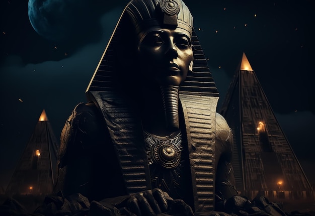 Egyptian pharaoh God Sphinx marble Statue in the Egyptian night and The Pyramids in behind