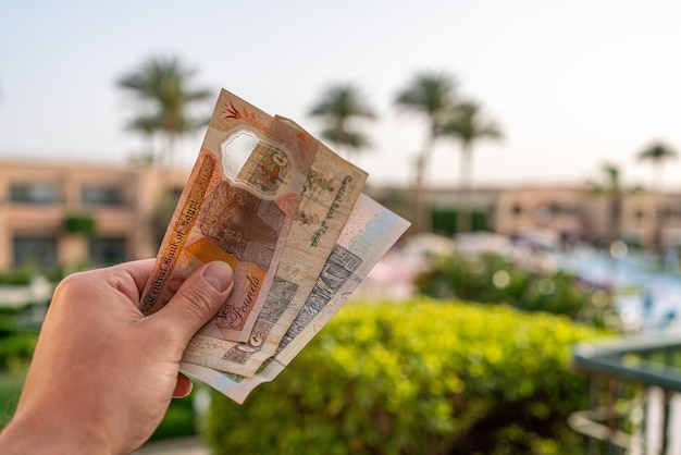 Egyptian pounds in a man's hand on the background of the beach Egyptian money