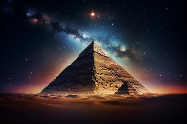 Egyptian pyramid under the starry sky in dark night