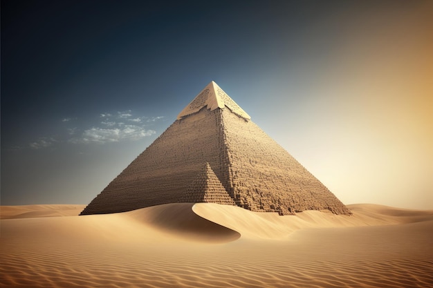 Egyptian pyramid with a clear sky amidst a desert of sand