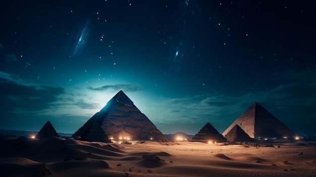 Египетские пирамиды присутствуют в этой пустыне будущего ночью. Звезды в ночном небе, лучи света и блики галактик в туннеле пирамиды. Генеративный иллюстратор ИИ.