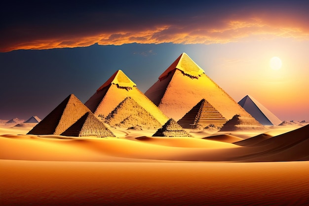Egyptian pyramids in desert with evening sunset