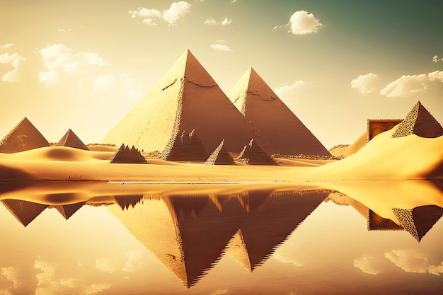 Фото Египетские пирамиды, расположенные в пустыне на берегу водохранилища