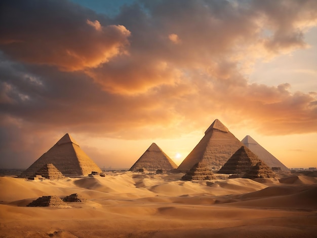 Egyptian pyramids at sunset and dramatic sky