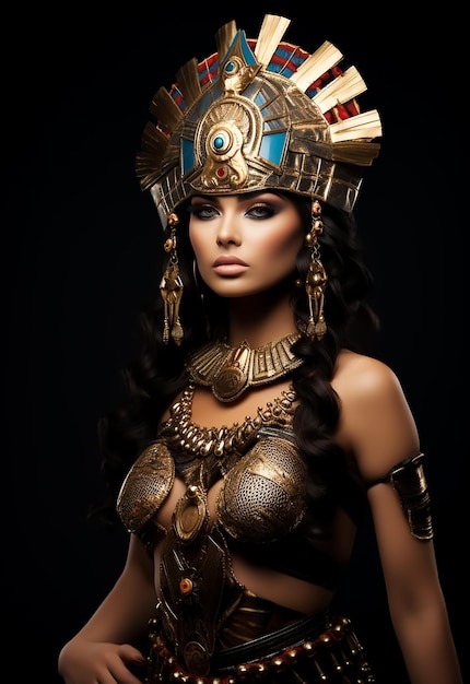 Egyptian Queen in attractive hot body shape wearing Golden accessories Royal costumes full makeup