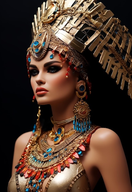이집트의 여왕은 매력적인 뜨거운 몸매를 가지고 황금 액세서리를 입고 왕실 의상을 입고 완전한 메이크업을 하고 있습니다.