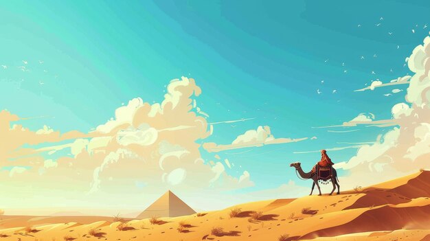 Photo egyptian scenery view of famous landmark in gold sand dunes with pyramids and bedouins with camels in a parallax background cartoon nature separated layers modern 2d game scene