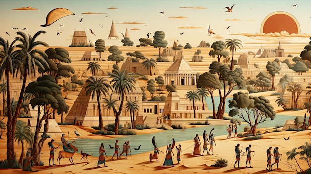 Egyptian temple and people on the background of the ancient city