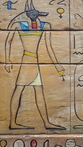 Egyptische god Anubis gesneden op stenen muur met hiërogliefen.