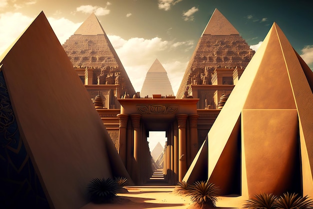 Egyptische piramiden met kolommen en architecturale structuren