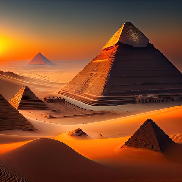 Egyptische piramides in woestijn met avondzonsondergang