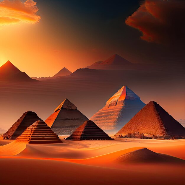 Egyptische piramides in woestijn met avondzonsondergang