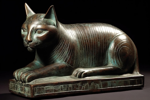 Egyptische scriba Leuke kat beeldje sculptuur geïsoleerd op zwarte achtergrond illustratie generatieve ai