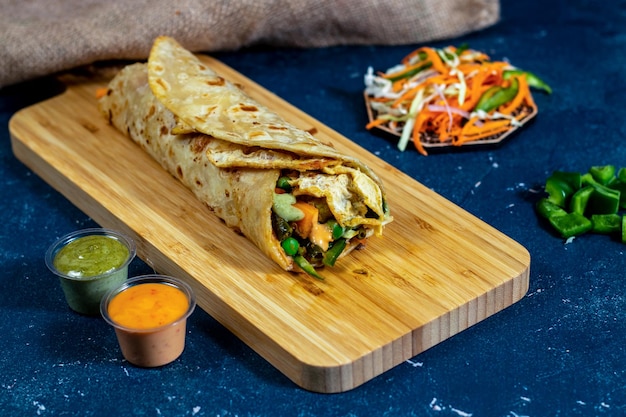 Ei en groente shoarma wrap met salade dip en saus geïsoleerd houten plank zijaanzicht van fastfood