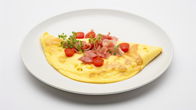 Ei-omelet met ham en tomaten op een bord