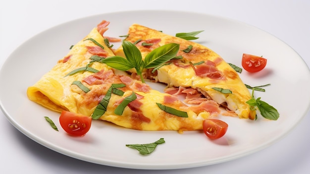 Ei-omelet met ham en tomaten op een bord