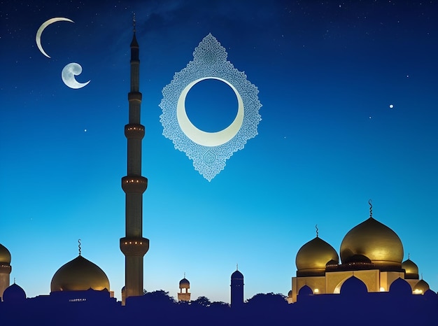 Eid achtergrond met moskee en maan sterrenbeeld