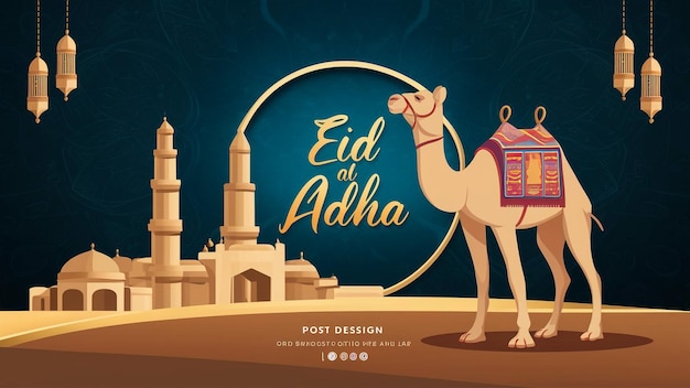 Photo eid adha mubarak greeting design with arabic islamic calligraphy and a new model islamic ornament m