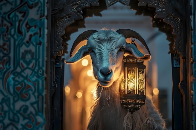 Eid al adha achtergrond geit met islamitische lantaarn op de achtergrond Eid al Adha groeten kaart ontwerp