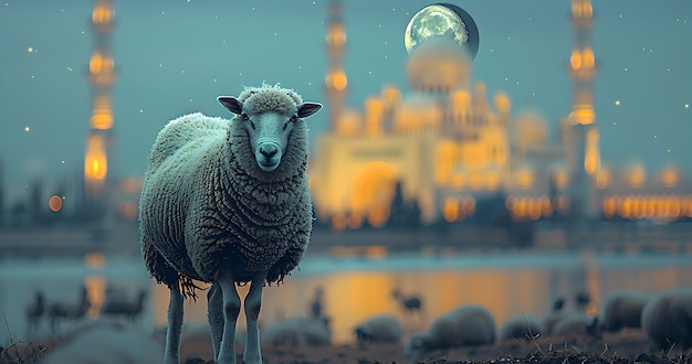 Eid al adha achtergrond schapen staan voor de moskee met lichten op de achtergrond