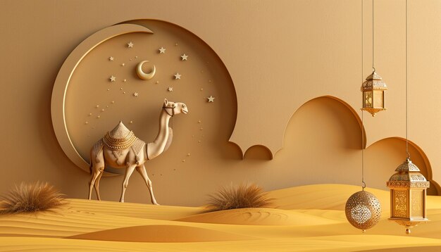 Eid Al Adha background crescent small moon and camel with traditional lantern lamp