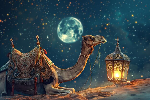 Eid Al Adha background crescent small moon and camel with traditional lantern lamp